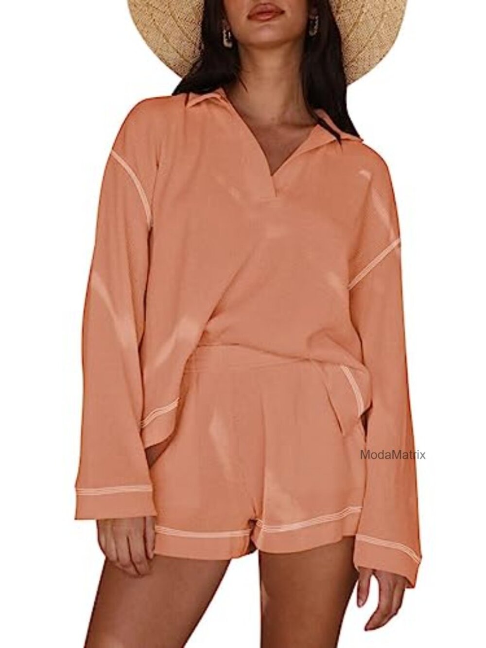 Waffle Knit Lounge Set 2 Piece Long Sleeve Top with Shorts Pink Queen